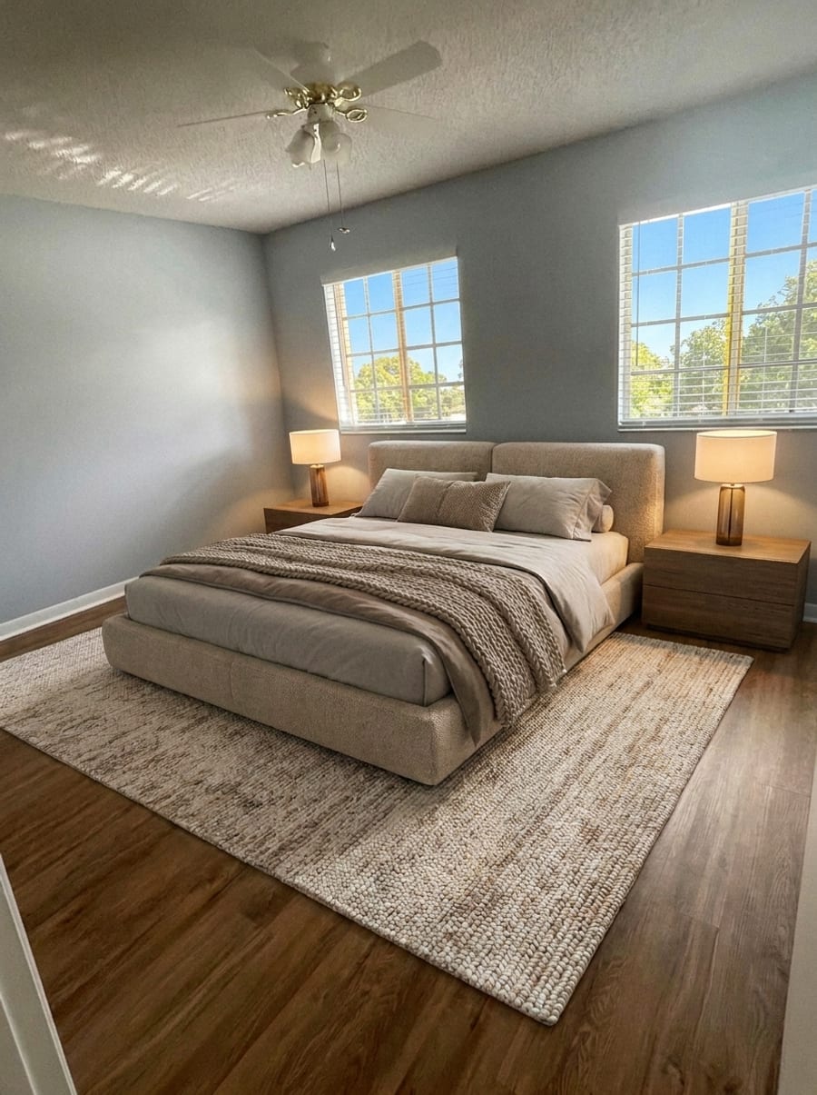 The same bedroom staged with a bed, nightstands, lamps and a rug.